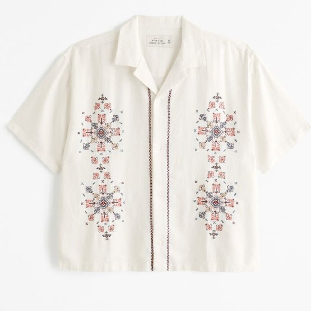 Abercrombie & Fitch Cream Short-Sleeve Embroidered Button-Down Shirt